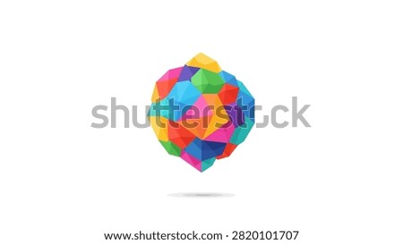 A vibrant, multi-colored abstract sphere composed of low-poly geometric facets. The object features a spectrum of bright colors including red, blue, yellow, and green, creating a dynamic 3D effect. It is isolated on a clean white background with a subtle shadow, making it suitable for modern design projects, logos, or creative backgrounds.