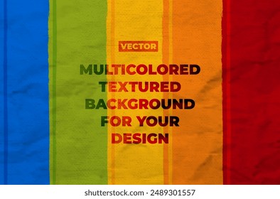 Vibrant multicolored background featuring vertical textured stripes in green, blue, yellow, orange, and red, perfect for design and artistic projects. Vector illustration.