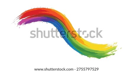 A vibrant, multi-colored brush stroke resembling a rainbow, painted with a thick texture on a clean white background.