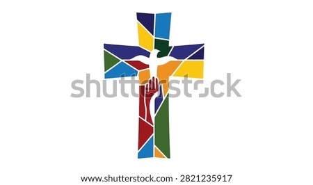 A vibrant multicolored Christian cross featuring a white dove silhouette and a hand symbol within a mosaic stained glass pattern on a white background