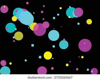 Vibrant multicolored circles floating in a dynamic, magical composition with bright pink, cyan, and yellow hues against a dark background, evoking a whimsical, playful mood reminiscent of a magical rain