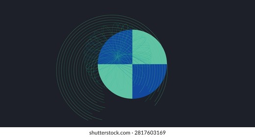 A vibrant multi-colored circular composition featuring a quadrant design in shades of blue and green accented by an intricate fine-line circular pattern. This illustration is perfect for data visua