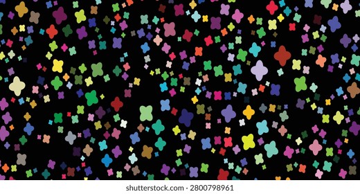 Vibrant multicolored confetti pieces scattered on a black background, ideal for celebration, party, festive, decoration, joyful, colorful, fun, event, background, design, pattern.