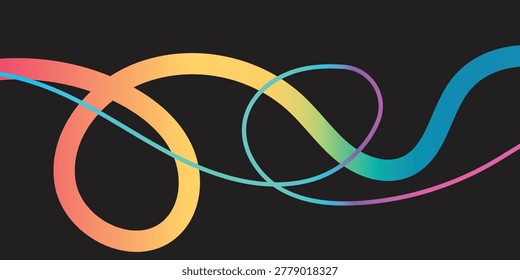 Vibrant multicolored curved lines creating abstract shapes on a solid black background