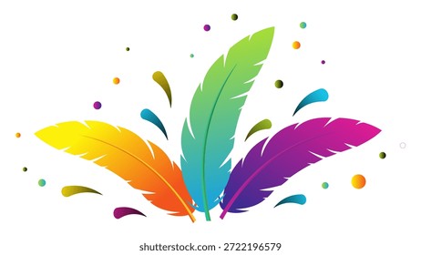 Penas multicoloridas vibrantes com confete isolado no fundo branco