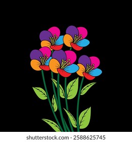 Vibrant Multicolored Flowers on Black Background  Artistic Hand Drawn Floral Illustration with Colorful Petals, Green Leaves, Perfect for Prints, Digital Art, Background, wallpaper Decorative Designs