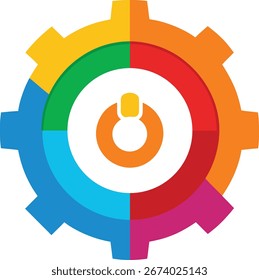 Uma engrenagem vibrante e multicolorida com um símbolo de botão de energia central, isolado em um fundo branco limpo, representando tecnologia e controle.