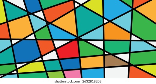 Vibrant, multicolored geometric pattern featuring bold shapes and bright colors. Ideal for modern backgrounds, wallpapers, and graphic design projects.  Perfect for web or print applications.