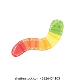 A vibrant, multi-colored gummy worm candy with a segmented body and a smiling face.