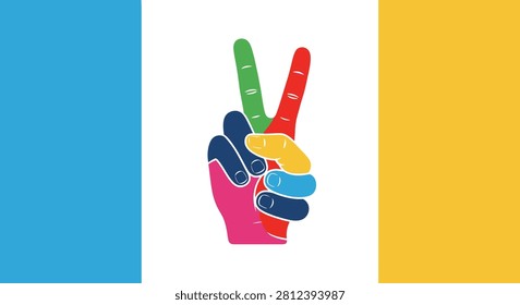 A vibrant multicolored hand making a peace or victory sign gesture using a variety of bright solid colors in a stylized flat graphic design