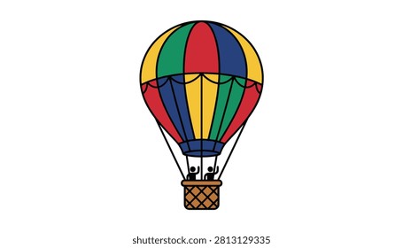 Vibrant multi-colored hot air balloon with two passengers in the basket floats gracefully against a clear white sky.