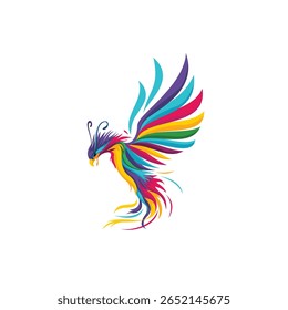 Uma ilustração vibrante e multicolorida de um pássaro fênix em voo, com asas elegantemente espalhadas e penas fluindo. Este projeto captura movimento, poder e renascimento. Seu estilo dinâmico e cor arco-íris