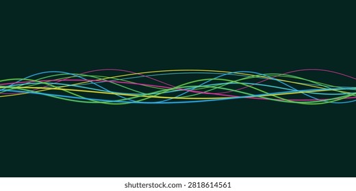 Vibrant multicolored light lines create dynamic abstract patterns against a deep dark backdrop for modern artistic designs.