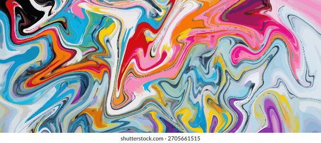 Un fondo de mármol líquido vibrante y multicolor con ondas arremolinadas de pintura acrílica azul, rosa, naranja y amarillo.