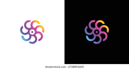 Un logotipo multicolor vibrante con líneas curvas y un círculo central sobre un fondo negro