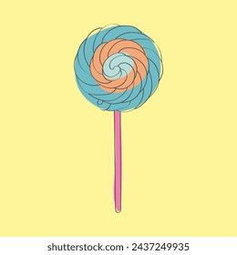 Vibrant, multicolored lollipop is displayed prominently against a bright yellow backdrop. The candy swirls and hues stand out against the cheerful background, creating a visually striking composition