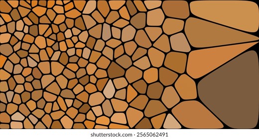 A vibrant multicolored mosaic pattern dominated by shades of brown, with irregular shapes outlined in white, creating a lively and artistic abstract composition.