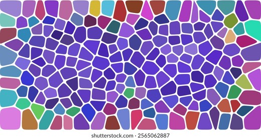 A vibrant multicolored mosaic pattern dominated by shades of purple, with irregular shapes outlined in white, creating a lively and artistic abstract composition.