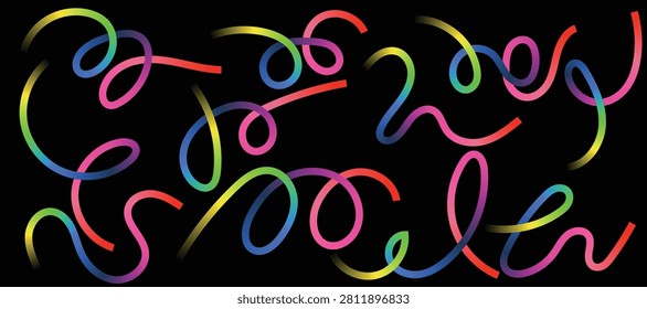 Vibrant multicolored neon loops forming abstract glowing text isolated on transparent background