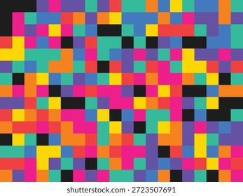 Lebendiger mehrfarbiger verpixelter Mosaikhintergrund mit hellen Quadraten und Rechtecken in Schattierungen von rosafarbenem Blau, Gelb, Orange, Grün, Lila und Schwarz, abstrakter digitaler Illustration für kreative Zwecke