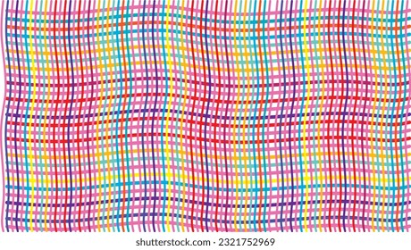 A vibrant, multicolored plaid pattern featuring intersecting lines in pink, blue, yellow, and green, creating a lively textile design.