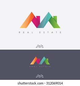 Vibrant multicolored real estate logo design in letter m shape made of abstract roof tops