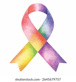 A vibrant, multicolored ribbon designed in a watercolor style, showing a textured rainbow effect.