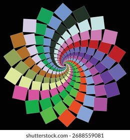 Uma espiral vibrante e multicolorida composta de formas quadradas sobrepostas e giradas, criando um efeito dinâmico floral ou de cata-vento em um plano de fundo preto.