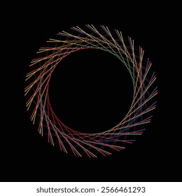 A vibrant, multicolored spiral star pattern featuring dashed lines, creating an eye-catching geometric optical illusion effect.