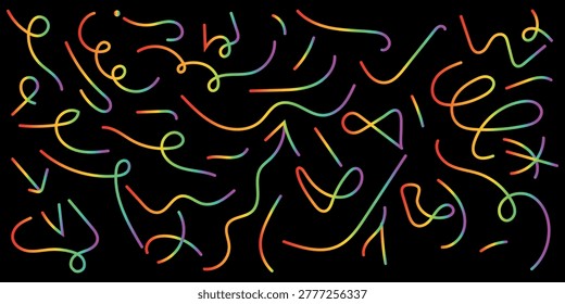 Vibrant multicolored swirling lines on a dark background creating a dynamic visual effect