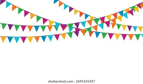 Vibrant multicolored triangular bunting flags strung across a white background, creating a festive and cheerful decoration.