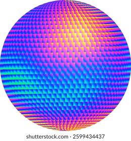 Vibrant multicolored vector sphere with a geometric pattern featuring a dynamic gradient of pink, blue, and yellow hues, creating a mesmerizing optical illusion effect