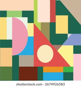 Ein lebendiges mehrfarbiges geometrisches Design mit fetten Formen und sauberer Symmetrie, das helle und gedeckte Töne zu einem dynamischen modernen abstrakten Muster verbindet.