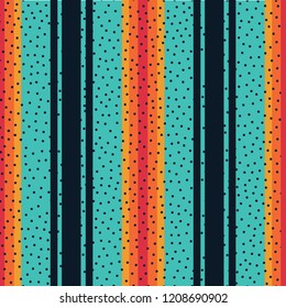 Vibrant multi-width striped seamless vector pattern. 1970s retro vibe. Bright teal, orange, yellow, red and black stripes with dotted texture. For cards, invitations, gift wrapping paper and decor.