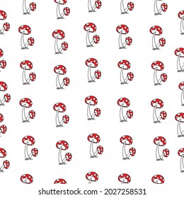 Vibrant Mushroom Illustration Seamless Pattern. Hand-drawn red mushrooms with white dots on a white background, creating a lively and whimsical seamless pattern. Perfect for nature-themed designs