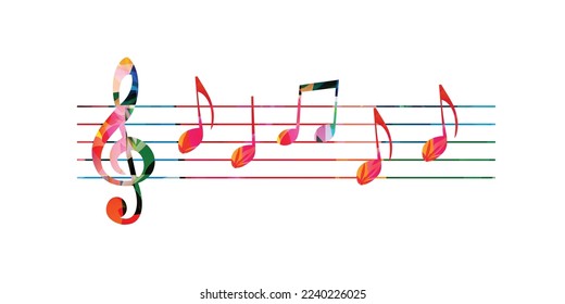 Vibrant music background with colorful musical notes and G-clef isolated. Vector illustration. Artistic music festival poster design, live concert events, party flyer, music notes signs and symbols