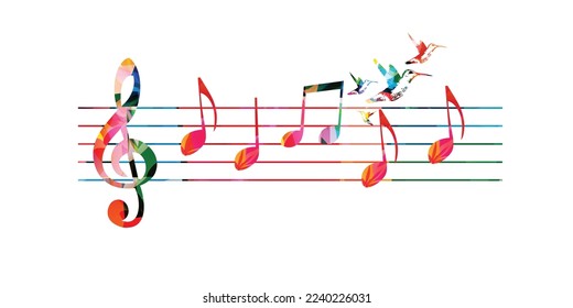 Vibrant music background with colorful musical notes and G-clef isolated. Vector illustration. Artistic music festival poster design, live concert events, party flyer, music notes signs and symbols