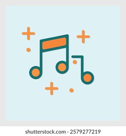 Vibrant music icon featuring orange and teal notes with playful sparkle accents on light blue background