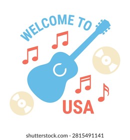 Vibrant music logo with guitar, notes, and cds, symbolizing American music culture and entertainment