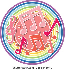 Notas de música vibrantes sobre un fondo del arco iris