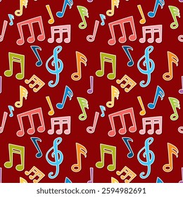 Vibrant music notes on a rich red background