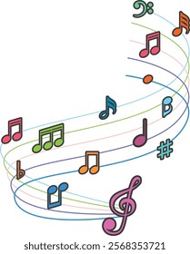 Vibrant music notes on swirling staff lines