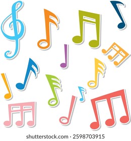 Vibrant music notes scattered on a white background