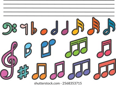 Vibrant music notes and symbols on a staff