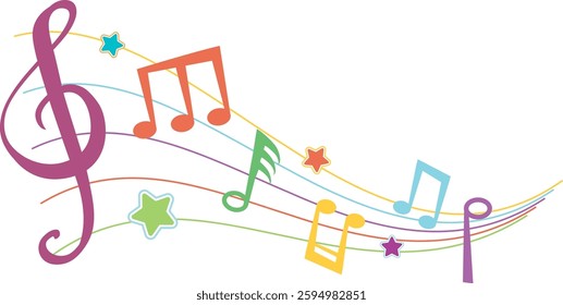 Vibrant music notes and symbols with stars