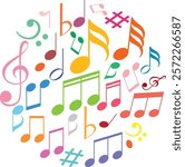 Vibrant music notes in various colors and shapes