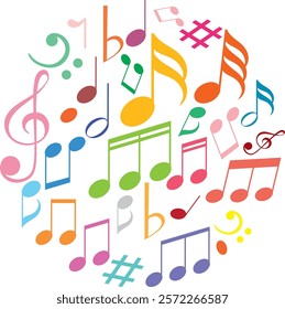 Vibrant music notes in various colors and shapes
