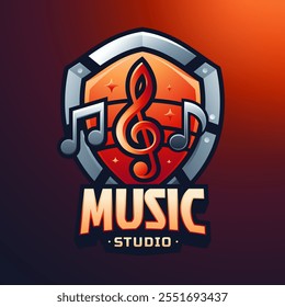 A vibrant music studio logo featuring a treble clef and musical notes on a shield with an orange gradient background.