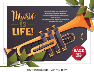 Vetor de música vibrante com trompete e distintivo de desconto. Perfeito para anúncios, lojas de música, vendas sazonais, promoções de jazz ou cartazes educacionais.

