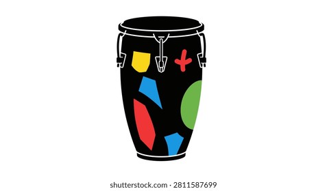 A vibrant musical conga drum instrument featuring a black body adorned with various bright colored abstract geometric patterns isolated on white